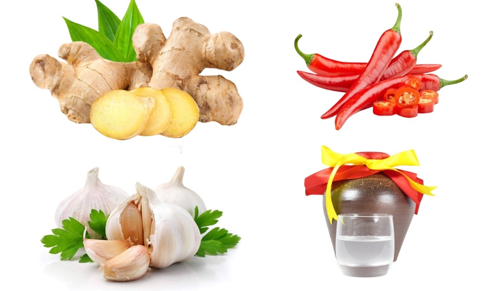 Chuẩn bị gừng tươi, tỏi, ớt tươi và rượu trắng.