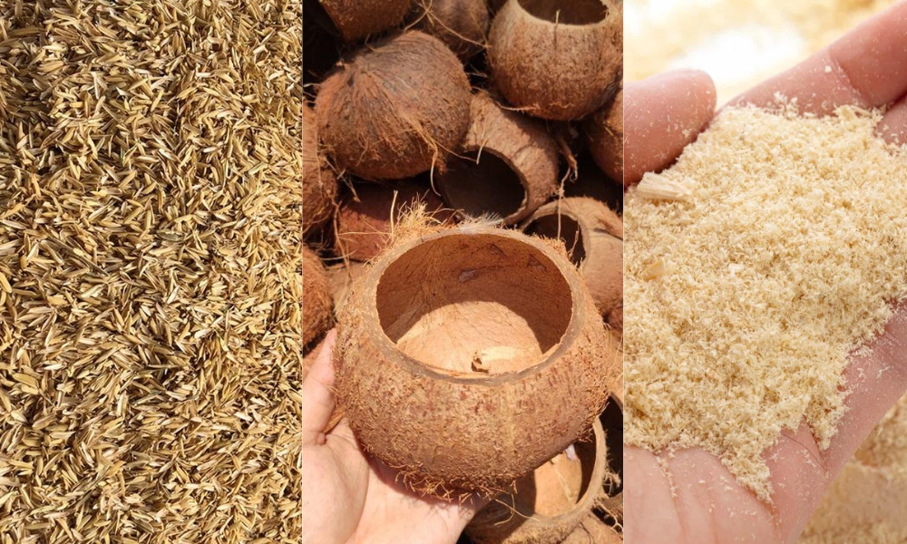 Nguyên liệu chính bao gồm vỏ trấu, gáo dừa, mùn cưa
