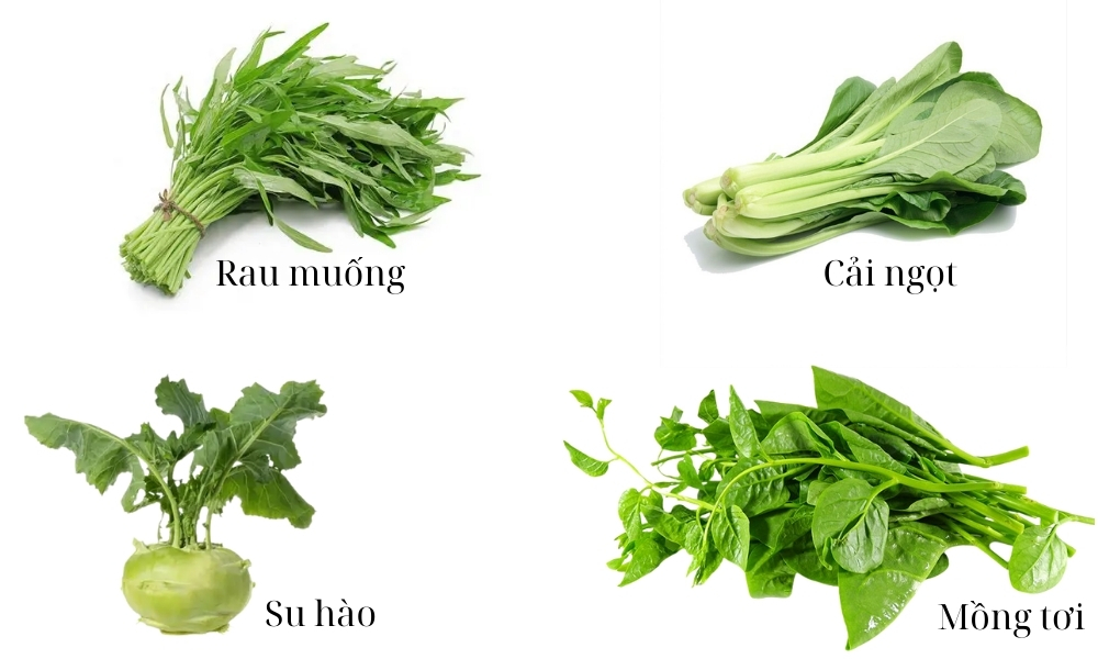 Miền Bắc: Rau muống, cải ngọt, mồng tơi, su hào
