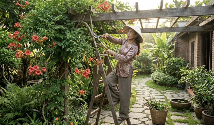 Cắt tỉa hoa đăng tiêu vào buổi sáng sớm trong sân vườn