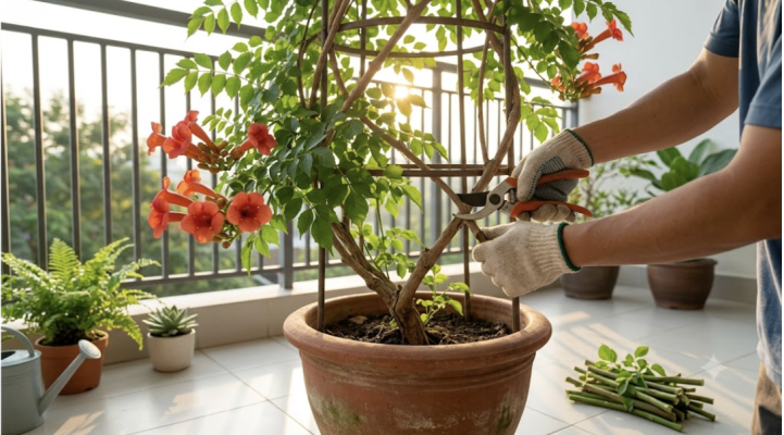 Cắt tỉa hoa đăng tiêu đúng kỹ thuật giúp cây ra chồi mới.