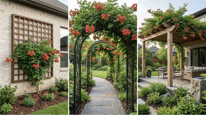 Các kiểu giàn hoa đăng tiêu phổ biến gồm giàn áp tường, giàn vòm và pergola. 
