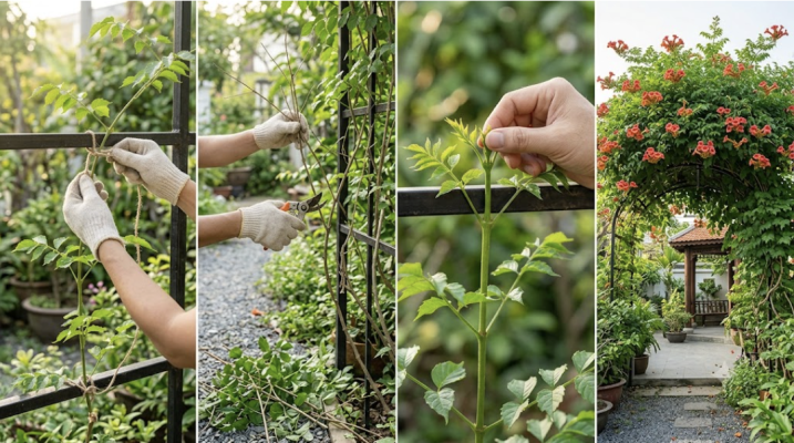 Kỹ thuật định hướng cành leo cho giàn hoa đăng tiêu từng bước 