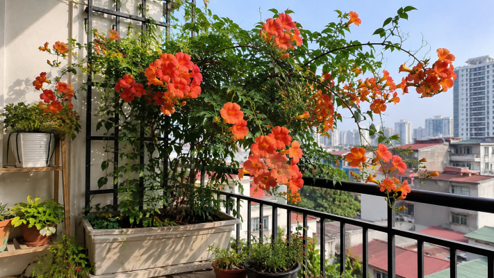Hoa đăng tiêu trồng chậu trên ban công 