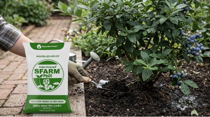 Phân trùn quế SFARM hỗ trợ cây việt quất ra hoa và đậu trái ổn định 
